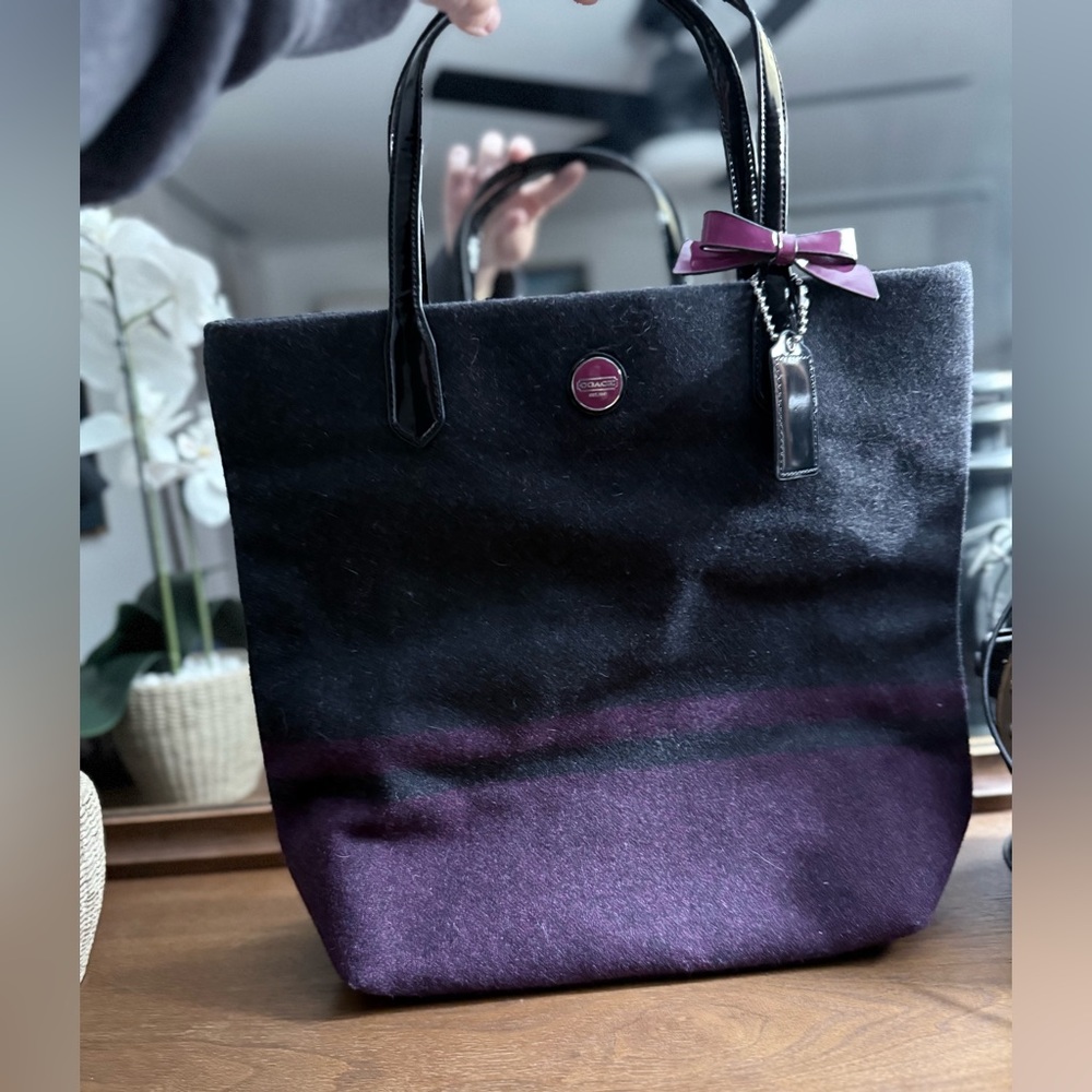 RARE Coach Legacy Wool Stripe Tote – Plum & Charcoal, Patent Leather Trim